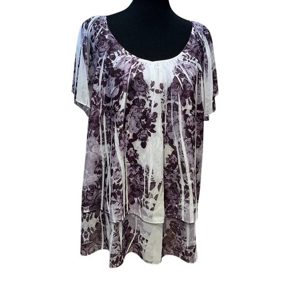 Sami & Jo 2X Black White Floral Flowy Layered Hi Low Short Sleeve Blouse Top - Picture 1 of 5